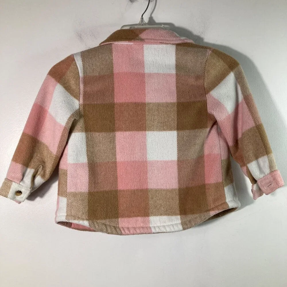 Girls Old Navy Buffalo Plaid Shacket Pink Tan 4T Polyester Acrylic Nylon Wool Ot